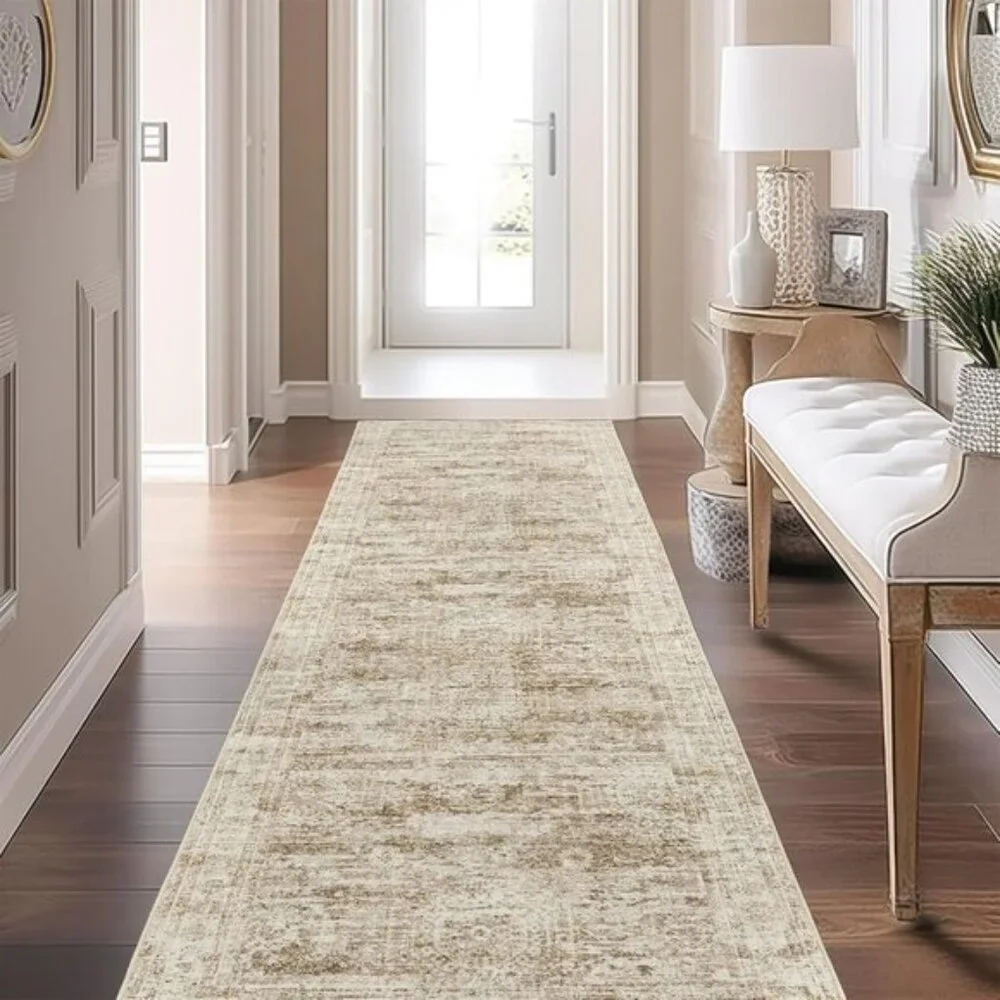 2.5x8ft Non-Slip Kitchen Runner Rug, Washable Low Pile Vintage Rug, Brown/Ivory